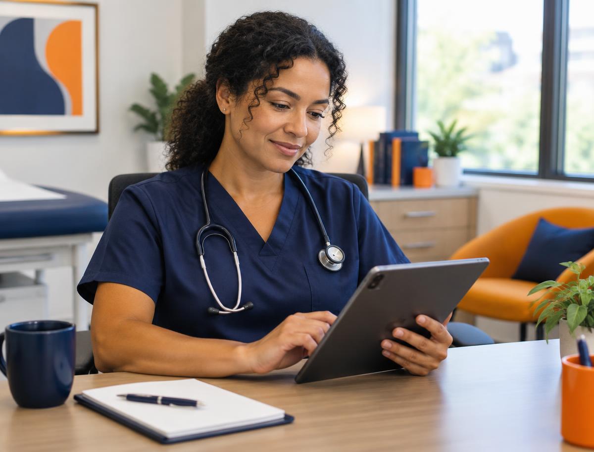 Licensed clinician reviewing healthcare information on a tablet
